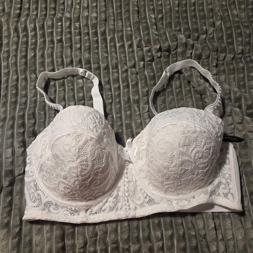 Adore Me Azura White Lace Longline Balconette Contour Bra Underwire 38DDD